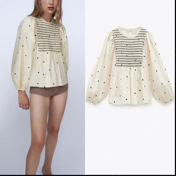 za vintage heart print women shirts feminine o neck long balloon sleeve shirt back opening smock pleated poplin blouses, White
za vintage heart print women shirts feminine o neck long balloon sleeve shirt back opening smock pleated poplin blouses, White