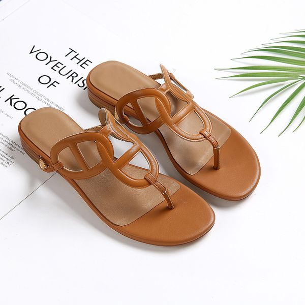 2021 new h women slippers flat sandals wear real leather in summer zlh, Black
