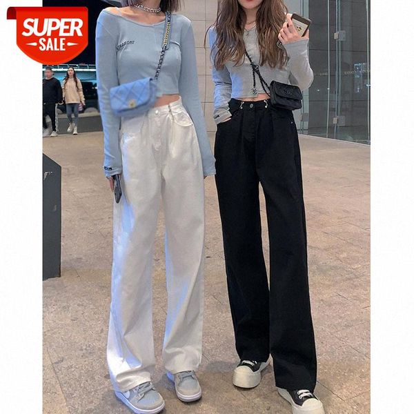 white wide-leg jeans women's loose and thin waist drape mopping straight pants #wb94, Black;white
white wide-leg jeans women's loose and thin waist drape mopping straight pants #wb94, Black;white
