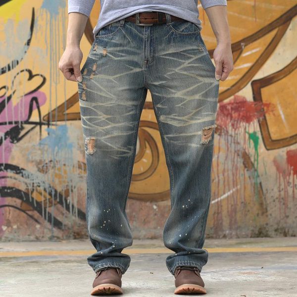Men's Jeans loose jeans ripped large size wide leg hip hop street blue striped FM37