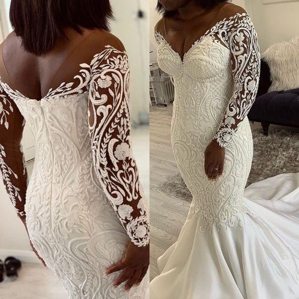 gorgeous plus size mermaid wedding dresses bridal gowns lace appliqued beaded v neck long sleeve vestido de noiva, White
gorgeous plus size mermaid wedding dresses bridal gowns lace appliqued beaded v neck long sleeve vestido de noiva, White