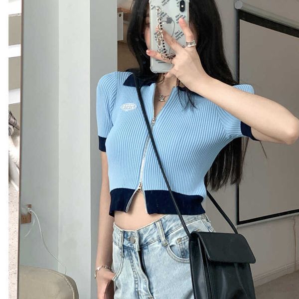 women t-shirt spring summer clothes ribbed knitted short sleeve crop zipper design female slim blue tees 210527, White
women t-shirt spring summer clothes ribbed knitted short sleeve crop zipper design female slim blue tees 210527, White