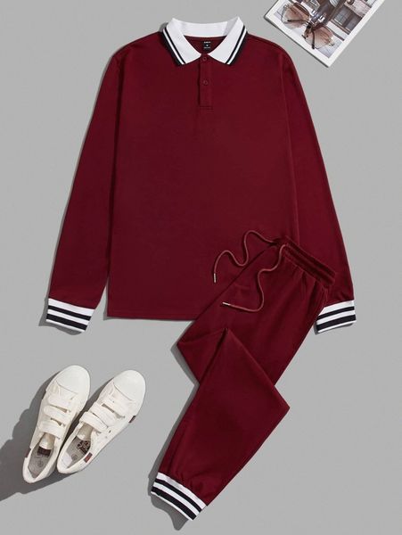 men contrast striped trim polo shirt & joggers set i1yx#, Gray
men contrast striped trim polo shirt & joggers set i1yx#, Gray