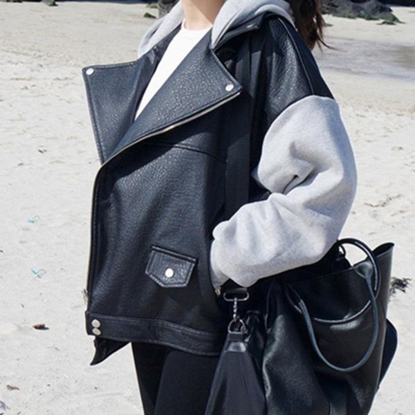 women's leather & faux pu jacket women students autumn winter long sleeve washable color block pocket zipper fashion casual outwear, Black 
women's leather & faux pu jacket women students autumn winter long sleeve washable color block pocket zipper fashion casual outwear, Black
