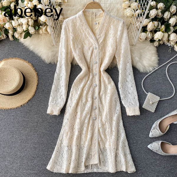 women vintage lace dress v neck long sleeve beading mermaid autumn solid casual elegant button french style 210512, Black;gray
women vintage lace dress v neck long sleeve beading mermaid autumn solid casual elegant button french style 210512, Black;gray