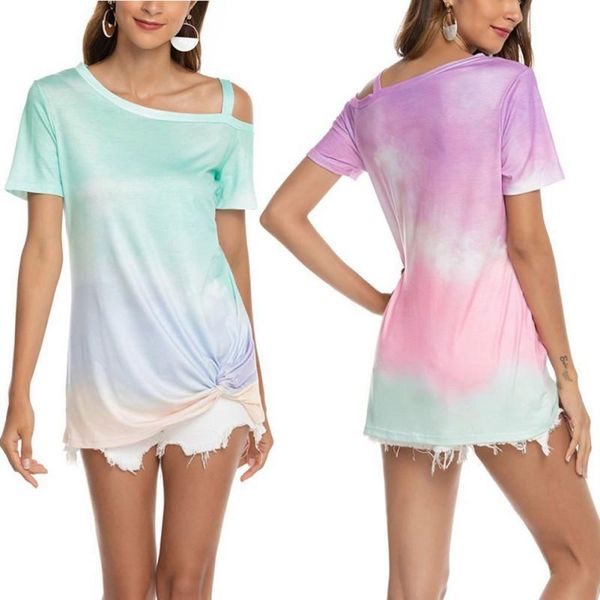 women's t-shirt 2021 women style printing gradient color oblique shoulder short sleeve hem twisted, White
women's t-shirt 2021 women style printing gradient color oblique shoulder short sleeve hem twisted, White