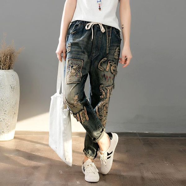 women's jeans women spring denim trousers female retro ethnic letter patch hole harem pants elastic waist ladies, Blue
women's jeans women spring denim trousers female retro ethnic letter patch hole harem pants elastic waist ladies, Blue
