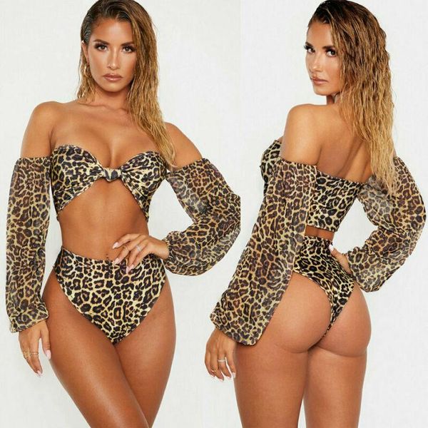 women's swimwear women leopard print off shoulder long sleeve bikini set push-up padded bra high waist thong beach swimsuit holiday wea, White;black
women's swimwear women leopard print off shoulder long sleeve bikini set push-up padded bra high waist thong beach swimsuit holiday wea, White;black