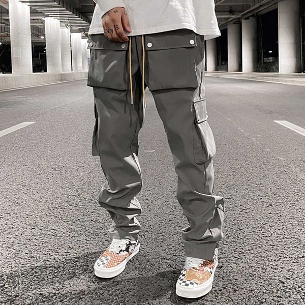 high street multi-pocket casual trousers for and side breasted drawstring cargo harajuku solid loose y0804, Black 
high street multi-pocket casual trousers for and side breasted drawstring cargo harajuku solid loose y0804, Black