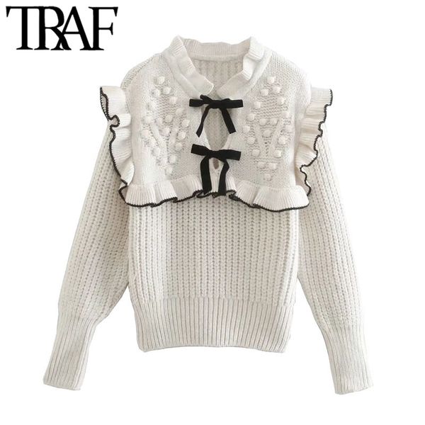 traf women fashion with bow tie patchwork knitted sweater vintage long sleeve ruffle trims female pullovers chic 210415, White;black
traf women fashion with bow tie patchwork knitted sweater vintage long sleeve ruffle trims female pullovers chic 210415, White;black