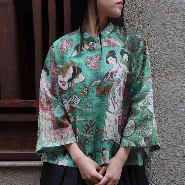 johnature women chinese style shirts ramie stand seven sleeve blouses spring button print mural shirts 210521, White 
johnature women chinese style shirts ramie stand seven sleeve blouses spring button print mural shirts 210521, White