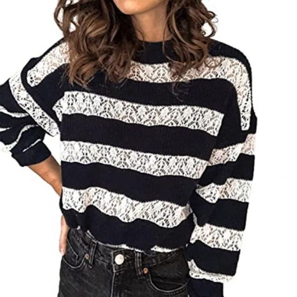 women's sweaters autumn sweater stripe contrast colors round neck hollow out spring for daily wear, White;black
women's sweaters autumn sweater stripe contrast colors round neck hollow out spring for daily wear, White;black