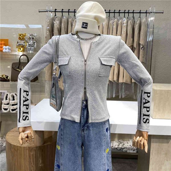 2021 candy around the neck double pocket navel revealing jacket sleeve letter thin fit, White
2021 candy around the neck double pocket navel revealing jacket sleeve letter thin fit, White