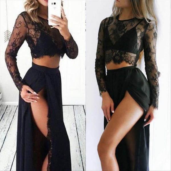 2 pieces black women tracksuits lace dress evening party long sleeve tranparent crop suit two piece set costume, Gray
2 pieces black women tracksuits lace dress evening party long sleeve tranparent crop suit two piece set costume, Gray