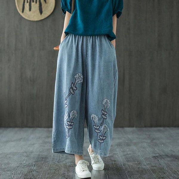 women's jeans johnature loose leisure retro embroidery pockets elastic waist denim wide leg pants 2021 summer women ankle-length, Blue
women's jeans johnature loose leisure retro embroidery pockets elastic waist denim wide leg pants 2021 summer women ankle-length, Blue