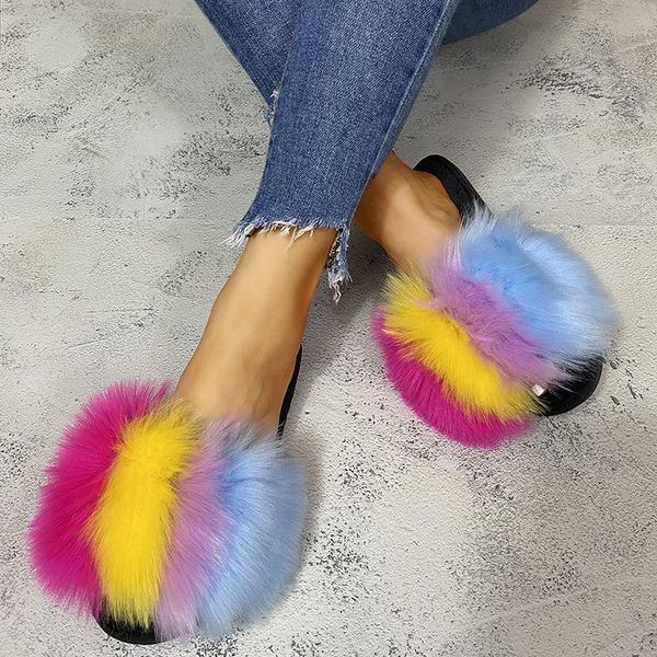 women colorful rainbow fur slippers fluffy imitation women's outdoor sandals woman amazing shoes, Black
women colorful rainbow fur slippers fluffy imitation women's outdoor sandals woman amazing shoes, Black