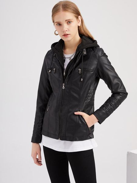 women's leather & faux spring and autumn coat pu washed belt hood jacket with pocket zipper fashion 2021, Black
women's leather & faux spring and autumn coat pu washed belt hood jacket with pocket zipper fashion 2021, Black