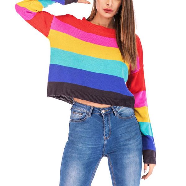july's song colorful long sleeve crop female casual o neck rainbow color women's pullovers 2021 spring autumn sweaters, White;black
july's song colorful long sleeve crop female casual o neck rainbow color women's pullovers 2021 spring autumn sweaters, White;black