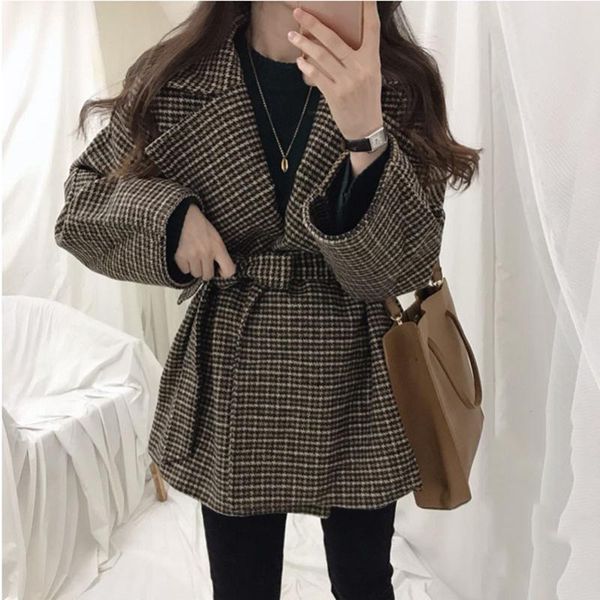 women's wool & blends plaid woolen short coat thick double-faced cashmere suit fashion vintage lace-up mid long outerwear straight slim, Black
women's wool & blends plaid woolen short coat thick double-faced cashmere suit fashion vintage lace-up mid long outerwear straight slim, Black
