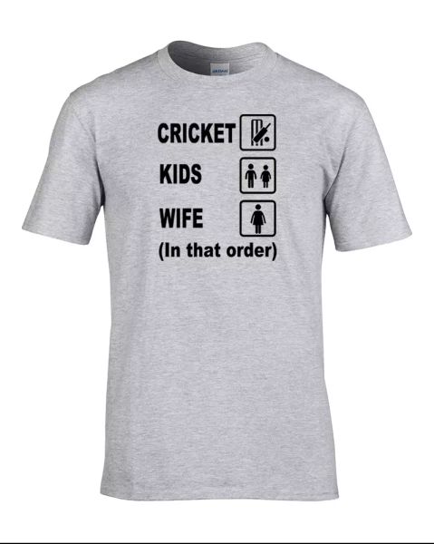 cricket, kids, wife (in that order)- funny men's sports t-shirt, White;black
cricket, kids, wife (in that order)- funny men's sports t-shirt, White;black