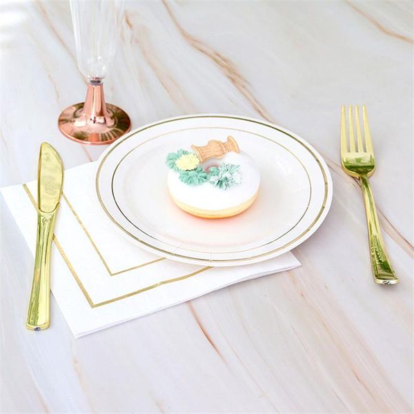 disposable dinnerware simple solid colour round white plate with gilding gold edge party steak dinner knife fork spoon cutlery
disposable dinnerware simple solid colour round white plate with gilding gold edge party steak dinner knife fork spoon cutlery