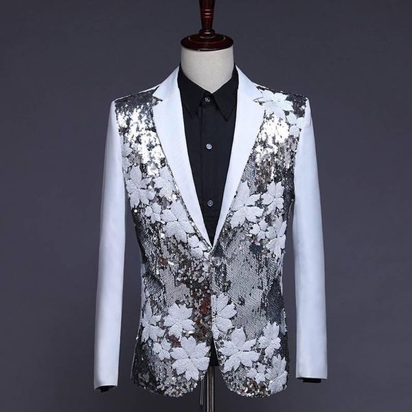 men's suits & blazers men po front flower sequin performance suit dress jacket stage floral silver splice blazer, White;black
men's suits & blazers men po front flower sequin performance suit dress jacket stage floral silver splice blazer, White;black