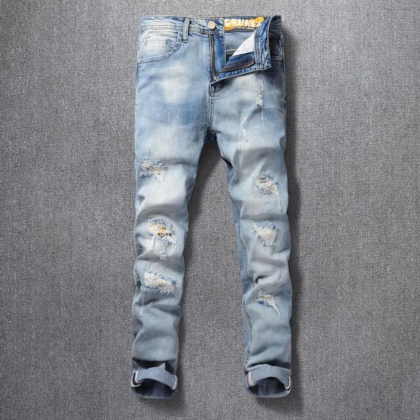 men's jeans korean style fashion men retro light blue slim fit ripped streetwear patch printed designer hip hop punk pants
men's jeans korean style fashion men retro light blue slim fit ripped streetwear patch printed designer hip hop punk pants