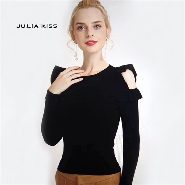 flounce open shoulder knit ruffles cold pullovers sweater 210512, White