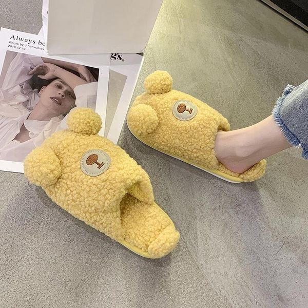 fur slippers house man mules flat shoes women cute bed room for woman fashion winter home, Black