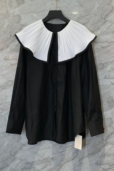 color matching pleated doll collar loose shirt womens autumn european and american new cute youth-looking 10b, White
color matching pleated doll collar loose shirt womens autumn european and american new cute youth-looking 10b, White