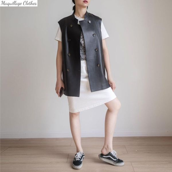 women's vests japan style spring autumn genuine leather real waistcoat b643, Black;white
women's vests japan style spring autumn genuine leather real waistcoat b643, Black;white