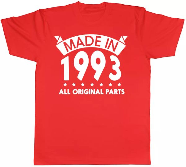 made in 1993 all original parts birthday mens short sleeve t-shirt, White;black
made in 1993 all original parts birthday mens short sleeve t-shirt, White;black