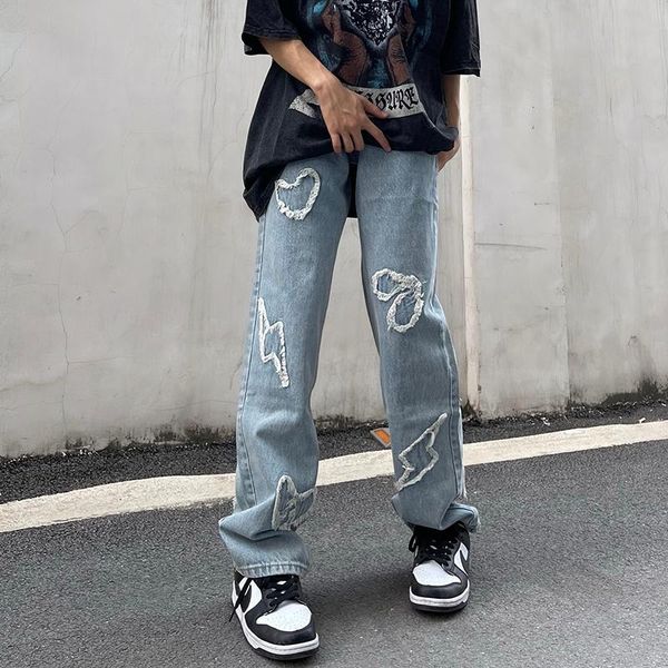 men's jeans high street love embroidery retro vibe fringe pants men and women straight oversize casual baggy denim trousers, Blue
men's jeans high street love embroidery retro vibe fringe pants men and women straight oversize casual baggy denim trousers, Blue