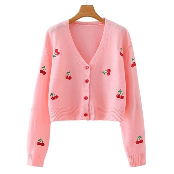 

spring 100% cotton v-neck pink solid cartoon appliques slim single breasted button casual women sweater 210524, White