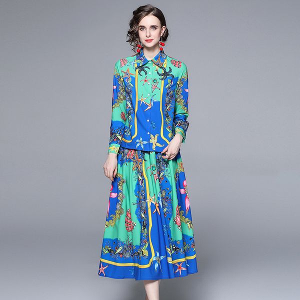 retro fashion runway two piece dress set for spring women designer vintage holiday beach outfits long sleeve print shirt and midi pleated sk, White
retro fashion runway two piece dress set for spring women designer vintage holiday beach outfits long sleeve print shirt and midi pleated sk, White