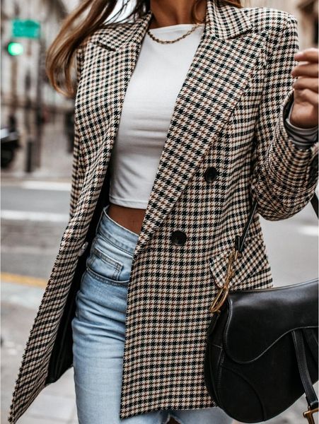 women's suits & blazers 2021 fall plaid blazer slim long sleeve double breasted women office ladies set, White;black
women's suits & blazers 2021 fall plaid blazer slim long sleeve double breasted women office ladies set, White;black