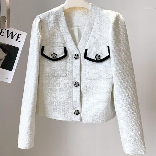 women's wool & blends spring autumn france style white tweed coat v-neck jackets b499, Black
women's wool & blends spring autumn france style white tweed coat v-neck jackets b499, Black