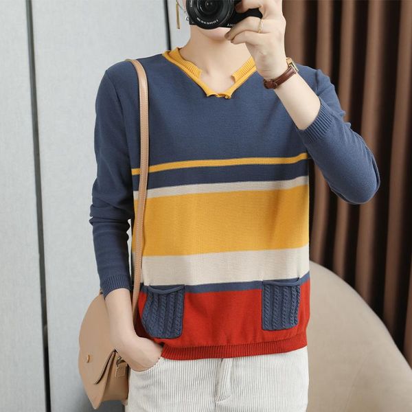 women's sweaters 100% cotton stripe stitching knit sweater v-neck pullover bottoming pure early autumn clothes, White;black
women's sweaters 100% cotton stripe stitching knit sweater v-neck pullover bottoming pure early autumn clothes, White;black