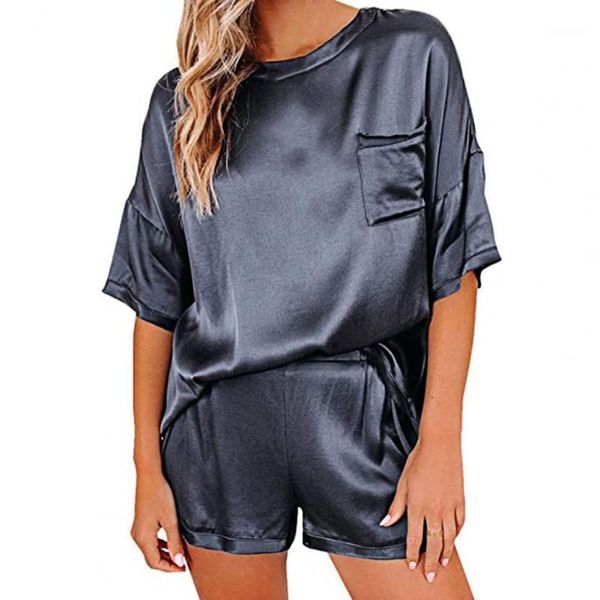women's tracksuits women satin solid color short sleeve shorts nightwear pajama set for bathroom, Gray
women's tracksuits women satin solid color short sleeve shorts nightwear pajama set for bathroom, Gray