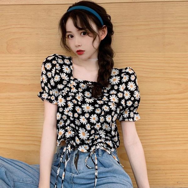 women chiffon shirt fashion sweet floral print crop slim square collar short sleeve pleated drawstring blouse women's blouses & sh, White
women chiffon shirt fashion sweet floral print crop slim square collar short sleeve pleated drawstring blouse women's blouses & sh, White