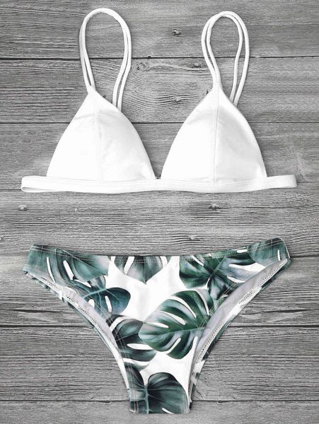 swimwear 2021 bikini green leaf print two piece split swimsuit, White;black