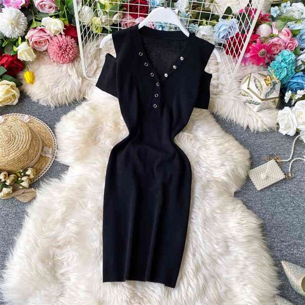 korobov deep v neck women dress summer new elegant slim knitted dresses off shoulder korean button vintage vestidos 210430, Black;gray
korobov deep v neck women dress summer new elegant slim knitted dresses off shoulder korean button vintage vestidos 210430, Black;gray