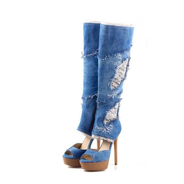 boots denim platform long patchwork lace hollow peep toe high heel knee waterproof zip up runway t-stage woman shoes, Black
boots denim platform long patchwork lace hollow peep toe high heel knee waterproof zip up runway t-stage woman shoes, Black