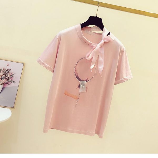 women's t-shirt 2021 summer bow tie female balloon print sweet one, White 
women's t-shirt 2021 summer bow tie female balloon print sweet one, White