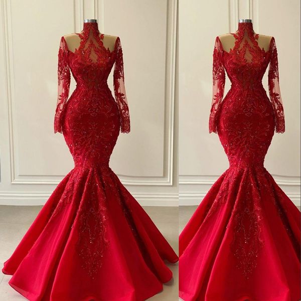 2021 arabic aso ebi red lace crystal beading evening dresses wear shiny long sleeves high neck illusion mermaid plus size prom gowns, Black;red
2021 arabic aso ebi red lace crystal beading evening dresses wear shiny long sleeves high neck illusion mermaid plus size prom gowns, Black;red