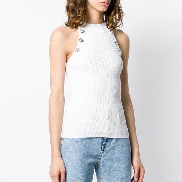 women's sweaters 2021 sleeveless high colla zip fastening on the back gold embossed buttons front button detail knit top, White;black
women's sweaters 2021 sleeveless high colla zip fastening on the back gold embossed buttons front button detail knit top, White;black