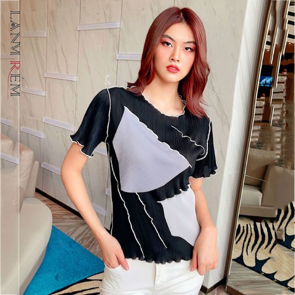 women's stitching black and white gray pleated t-shirt round neck short sleeve fashion trend summer 2e1195 210507
women's stitching black and white gray pleated t-shirt round neck short sleeve fashion trend summer 2e1195 210507