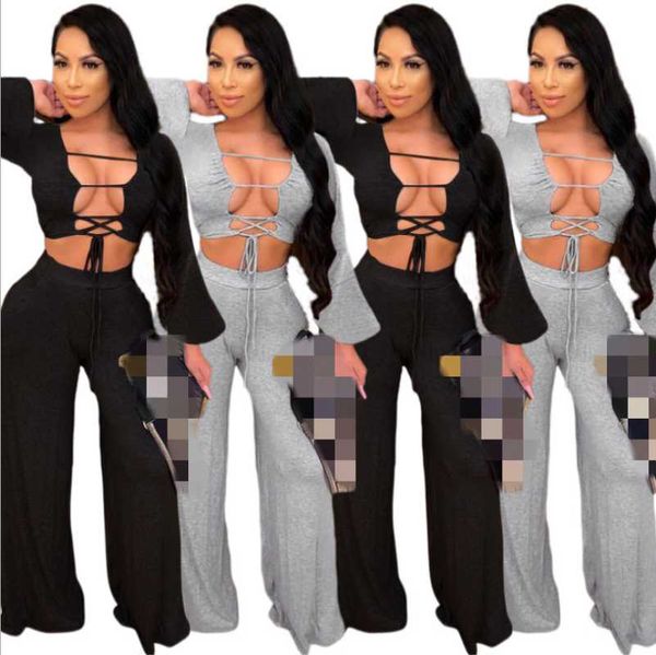 women's tracksuits nightclub women solid hollow out two piece sets 2021 autumn lady deep v-neck lace-uo crop high waist loose pants, Gray
women's tracksuits nightclub women solid hollow out two piece sets 2021 autumn lady deep v-neck lace-uo crop high waist loose pants, Gray