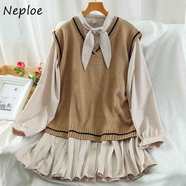 neploe new women suit chic tie collar single breasted pleated dress + panelled patchwork knitted vest fashion 2 piece set 210407, White
neploe new women suit chic tie collar single breasted pleated dress + panelled patchwork knitted vest fashion 2 piece set 210407, White