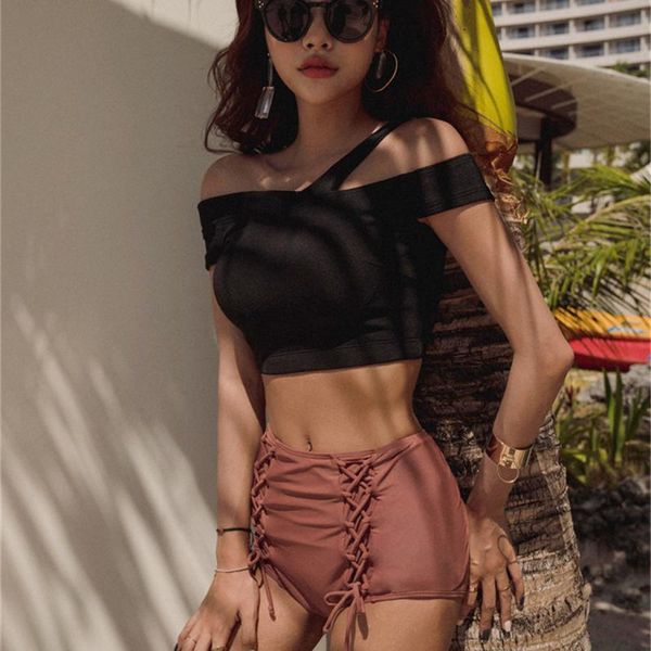 women's swimwear one shoulder bikini women solid bandage swimsuit off biquini high waist bikinis lace up bathing suit pad, White;black
women's swimwear one shoulder bikini women solid bandage swimsuit off biquini high waist bikinis lace up bathing suit pad, White;black